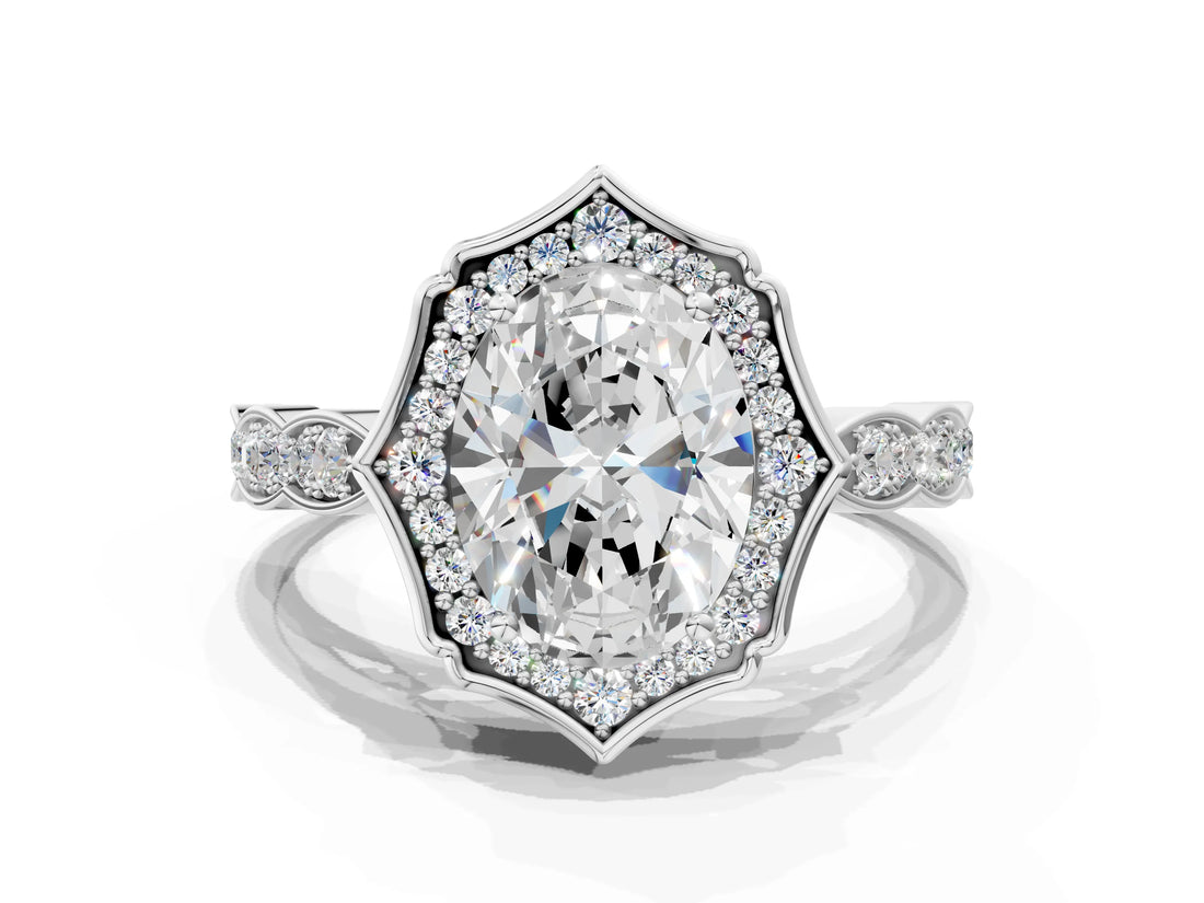 White gold Oval Halo Diamond Engagement Ring with Milgrain Band and Four-Prong Setting_54