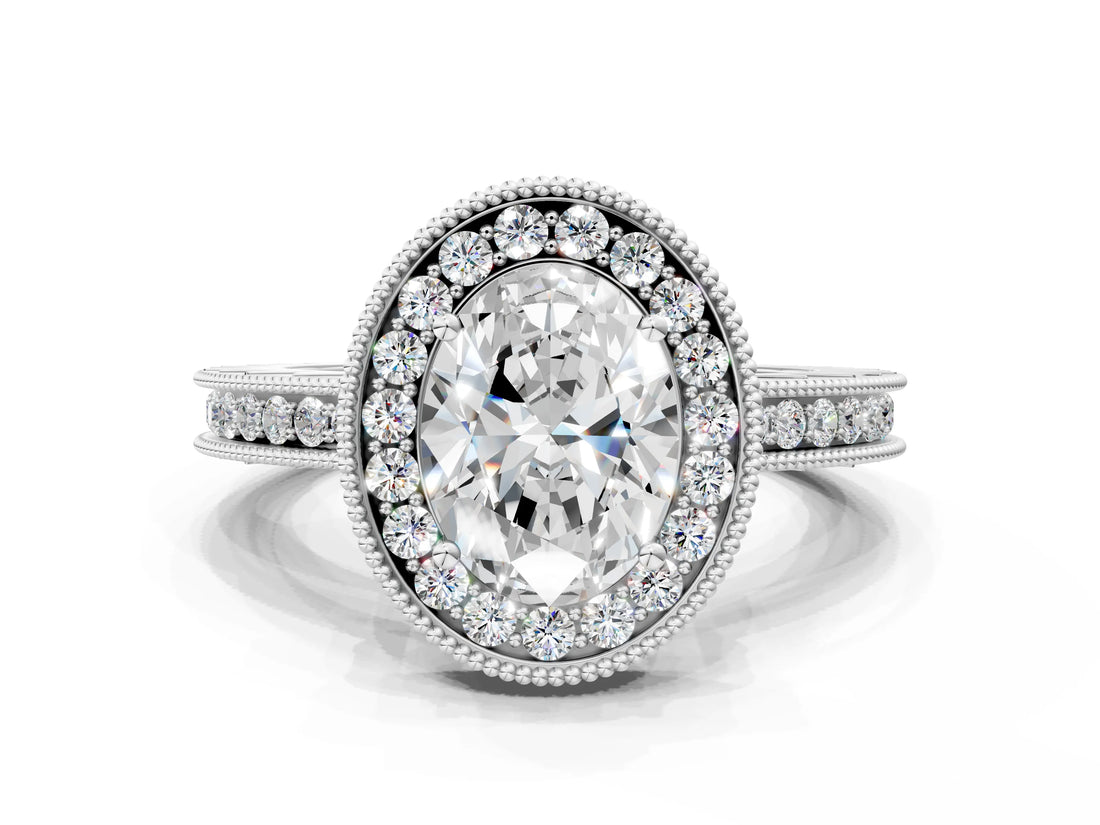 White gold Oval Halo Diamond Engagement Ring with Milgrain Pave Band and Four-Prong Setting_37
