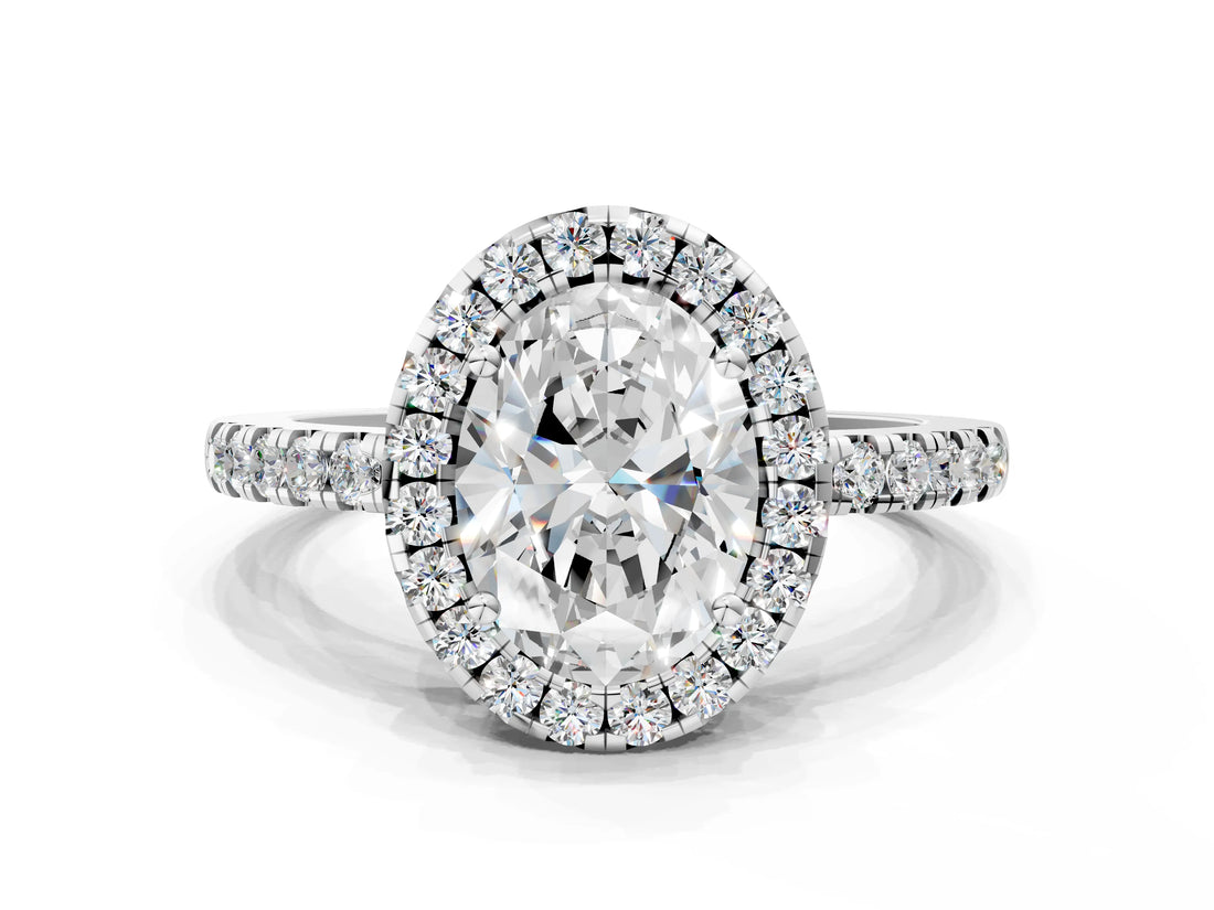 White gold Oval Halo Diamond Engagement Ring with Pavé Band and Four-Prong Setting_76