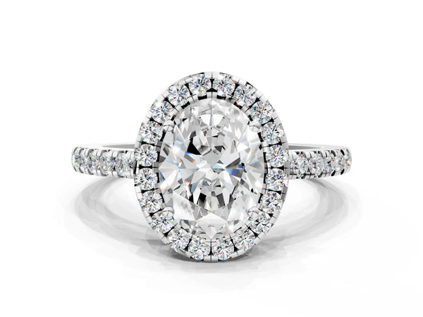 White gold Oval Halo Diamond Engagement Ring with Pavé Band and Four-Prong Setting