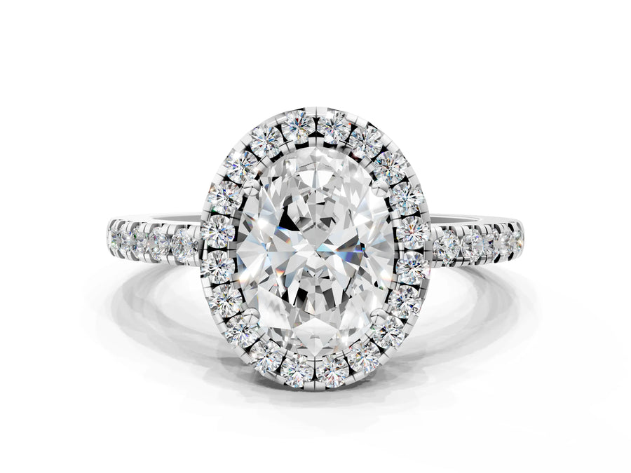 White gold Oval Halo Diamond Engagement Ring with Pavé Band and Four-Prong Setting