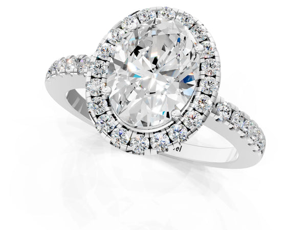White gold Oval Halo Diamond Engagement Ring with Pavé Band and Four-Prong Setting