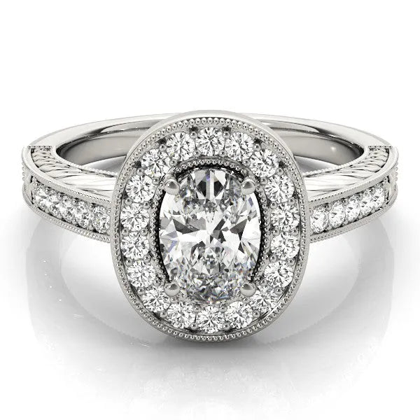 White gold Oval Halo Diamond Engagement Ring with Pave Band and Four-Prong Setting