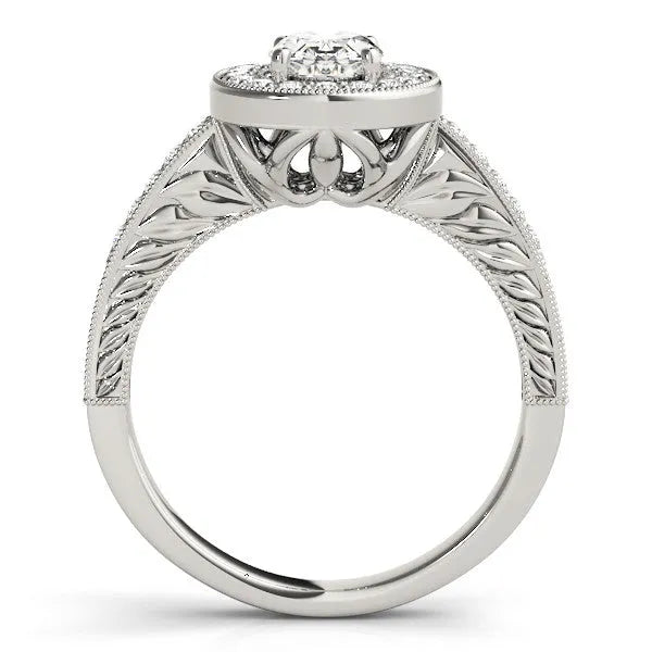 White gold Oval Halo Diamond Engagement Ring with Pave Band and Four-Prong Setting