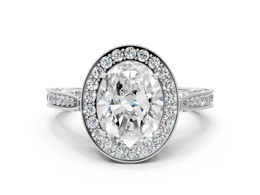 White gold Oval Halo Diamond Engagement Ring with Split Shank Band and Four-Prong Setting