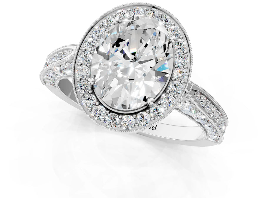 White gold Oval Halo Diamond Engagement Ring with Split Shank Band and Four-Prong Setting