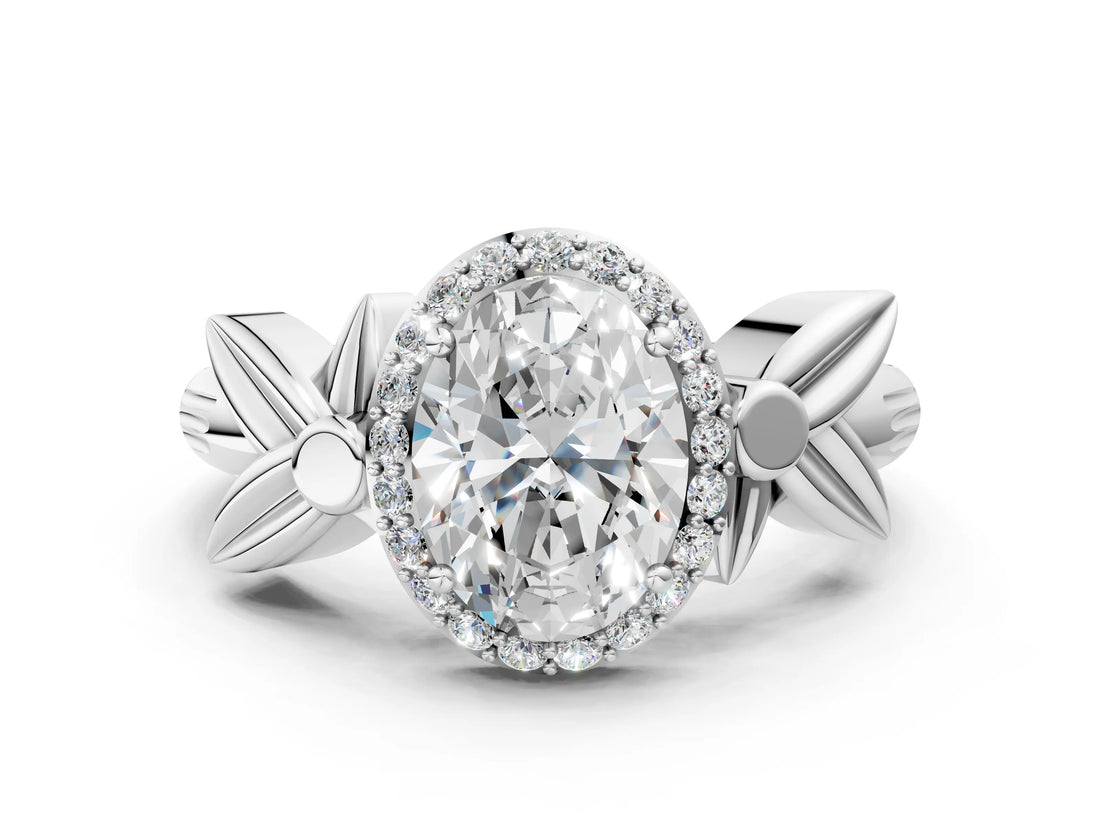 White gold Oval Halo Diamond Floral Band with Four-Prong Setting_113