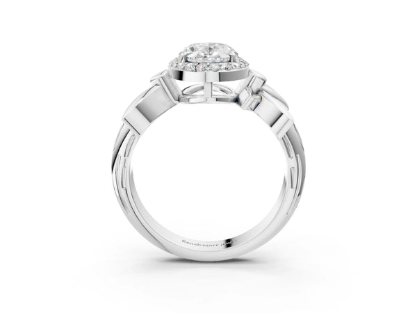 White gold Oval Halo Diamond Floral Band with Four-Prong Setting