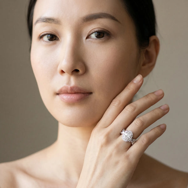 White gold Oval Halo Diamond Floral Band with Four-Prong Setting