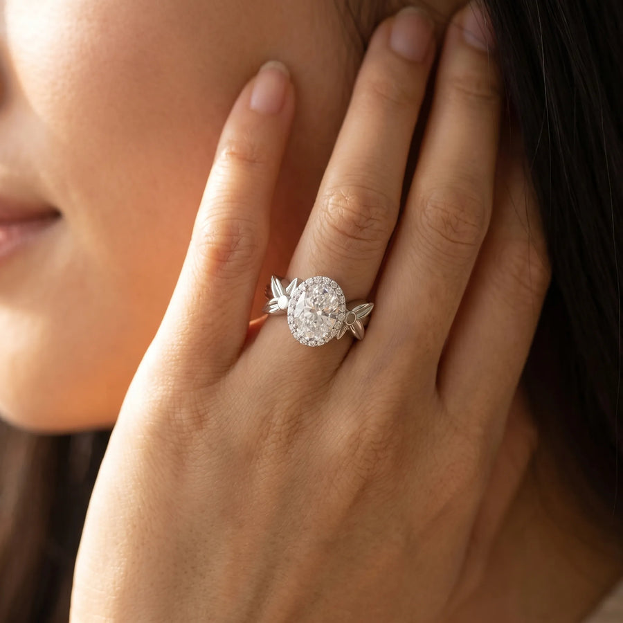 White gold Oval Halo Diamond Floral Band with Four-Prong Setting