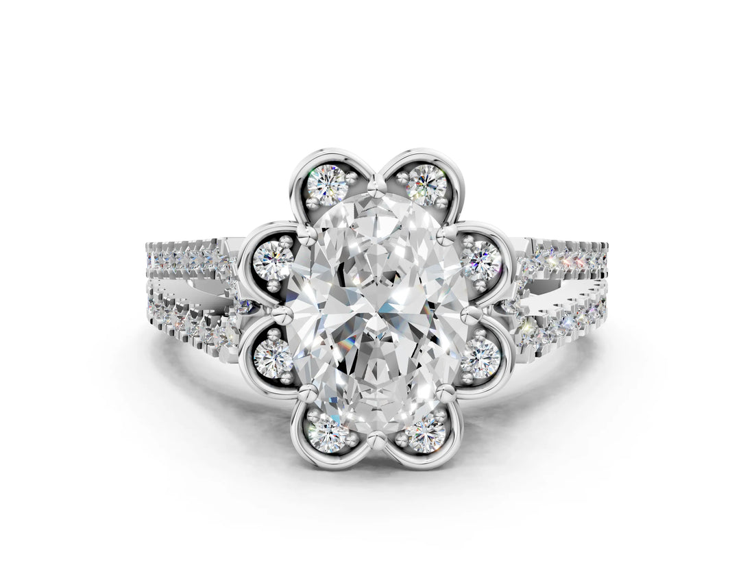 White gold Oval Halo Diamond Floral Split Shank Engagement Ring