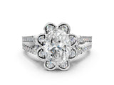 White gold Oval Halo Diamond Floral Split Shank Engagement Ring