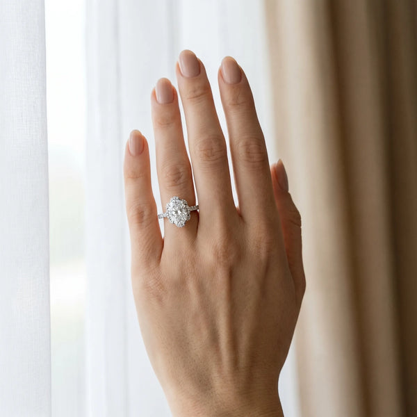White gold Oval Halo Diamond Pave Band Ring with Four-Prong Setting