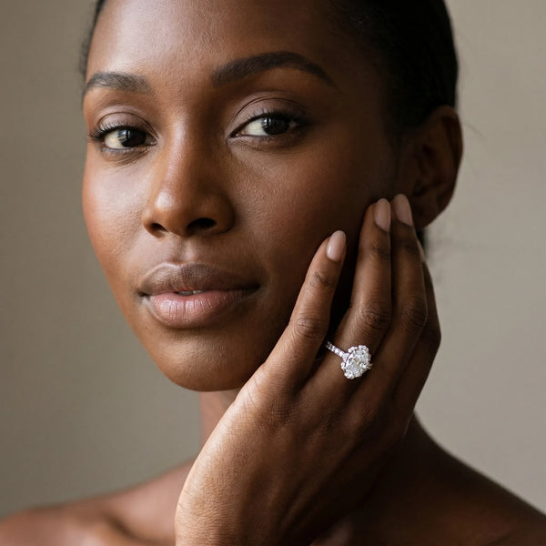 White gold Oval Halo Diamond Pave Band Ring with Four-Prong Setting