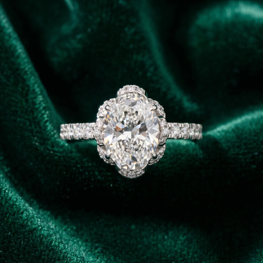 White gold Oval Halo Diamond Pave Band Ring with Four-Prong Setting