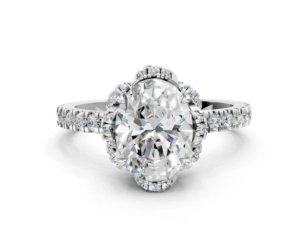 White gold Oval Halo Diamond Pave Band Ring with Four-Prong Setting
