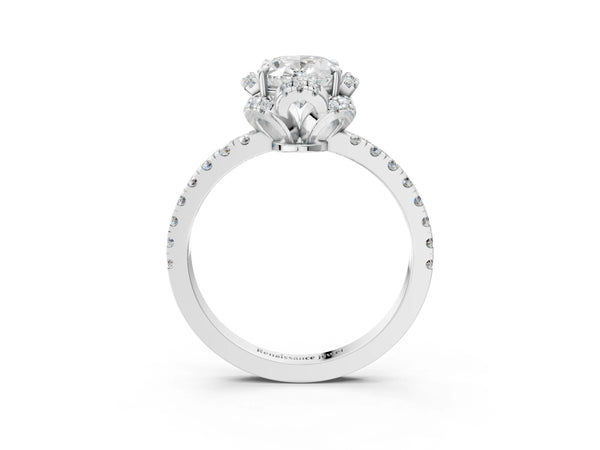 White gold Oval Halo Diamond Pave Band Ring with Four-Prong Setting