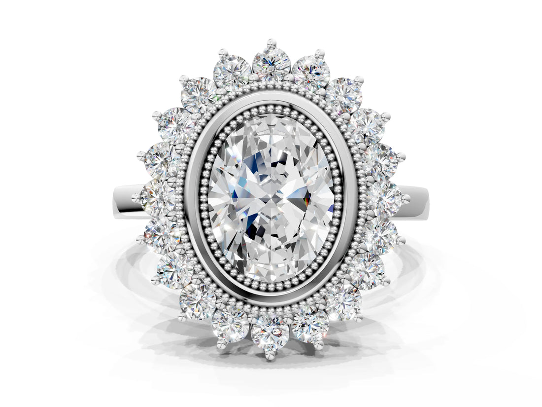 White gold Oval Halo Diamond Ring with Milgrain Edge and Round Prong Setting_44