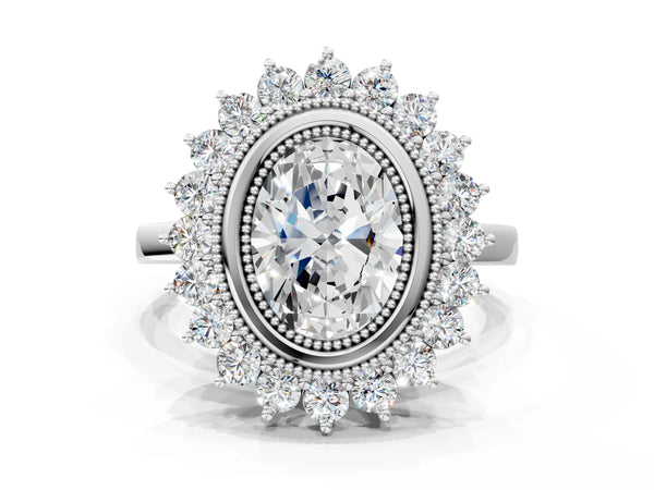 White gold Oval Halo Diamond Ring with Milgrain Edge and Round Prong Setting