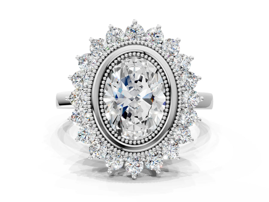White gold Oval Halo Diamond Ring with Milgrain Edge and Round Prong Setting