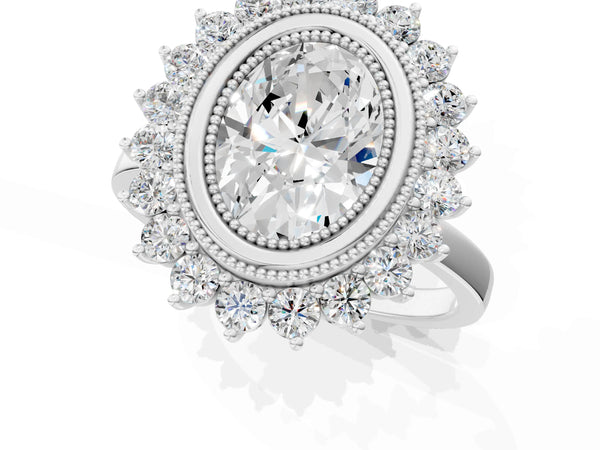 White gold Oval Halo Diamond Ring with Milgrain Edge and Round Prong Setting
