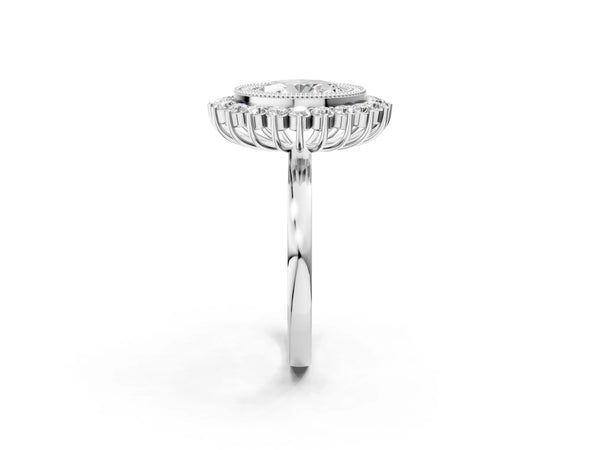 White gold Oval Halo Diamond Ring with Milgrain Edge and Round Prong Setting