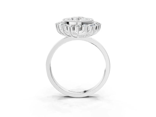 White gold Oval Halo Diamond Ring with Milgrain Edge and Round Prong Setting