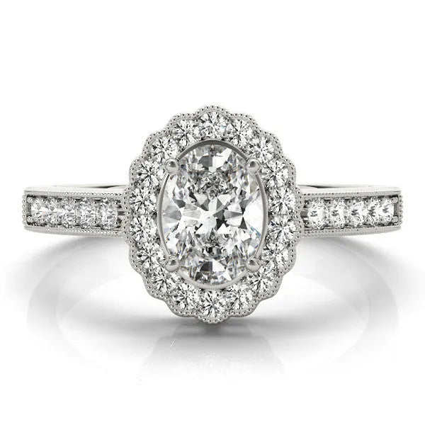 White gold Oval Halo Diamond Ring with Pavé Band and Four-Prong Setting