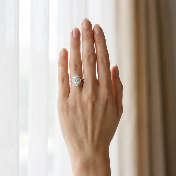 White gold Oval Halo Diamond Ring with Pavé Band and Prong Setting