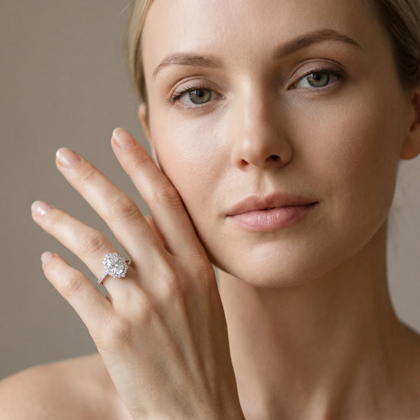 White gold Oval Halo Diamond Ring with Pavé Band and Prong Setting