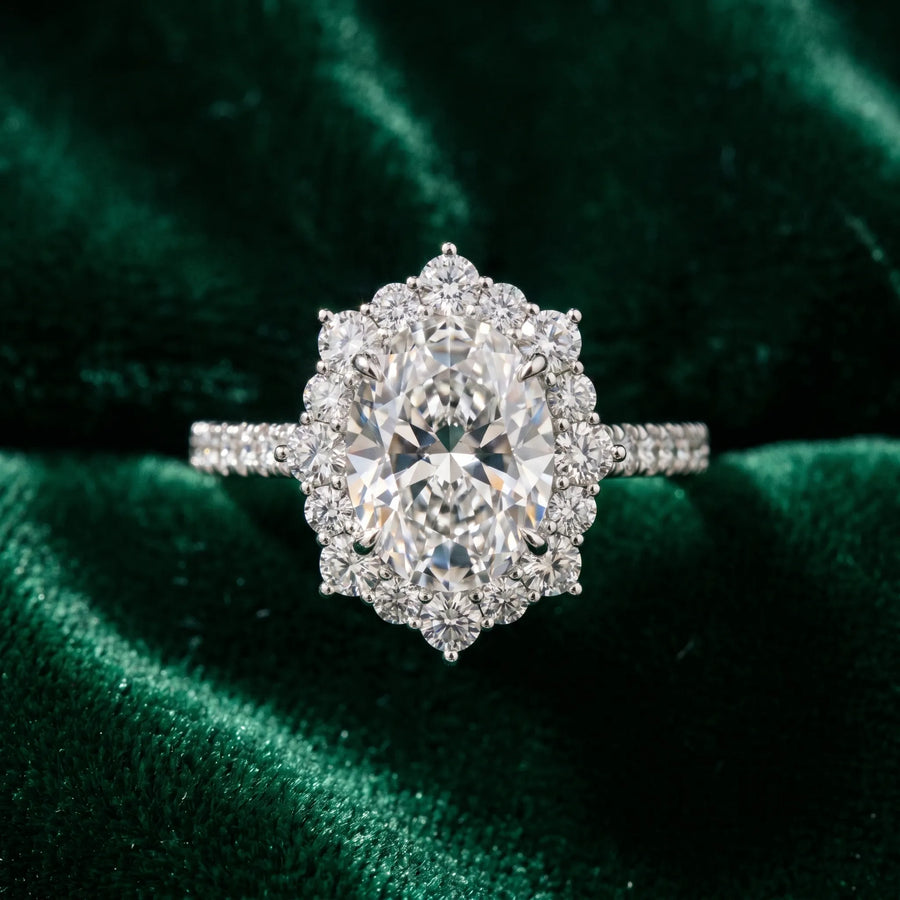 White gold Oval Halo Diamond Ring with Pavé Band and Prong Setting