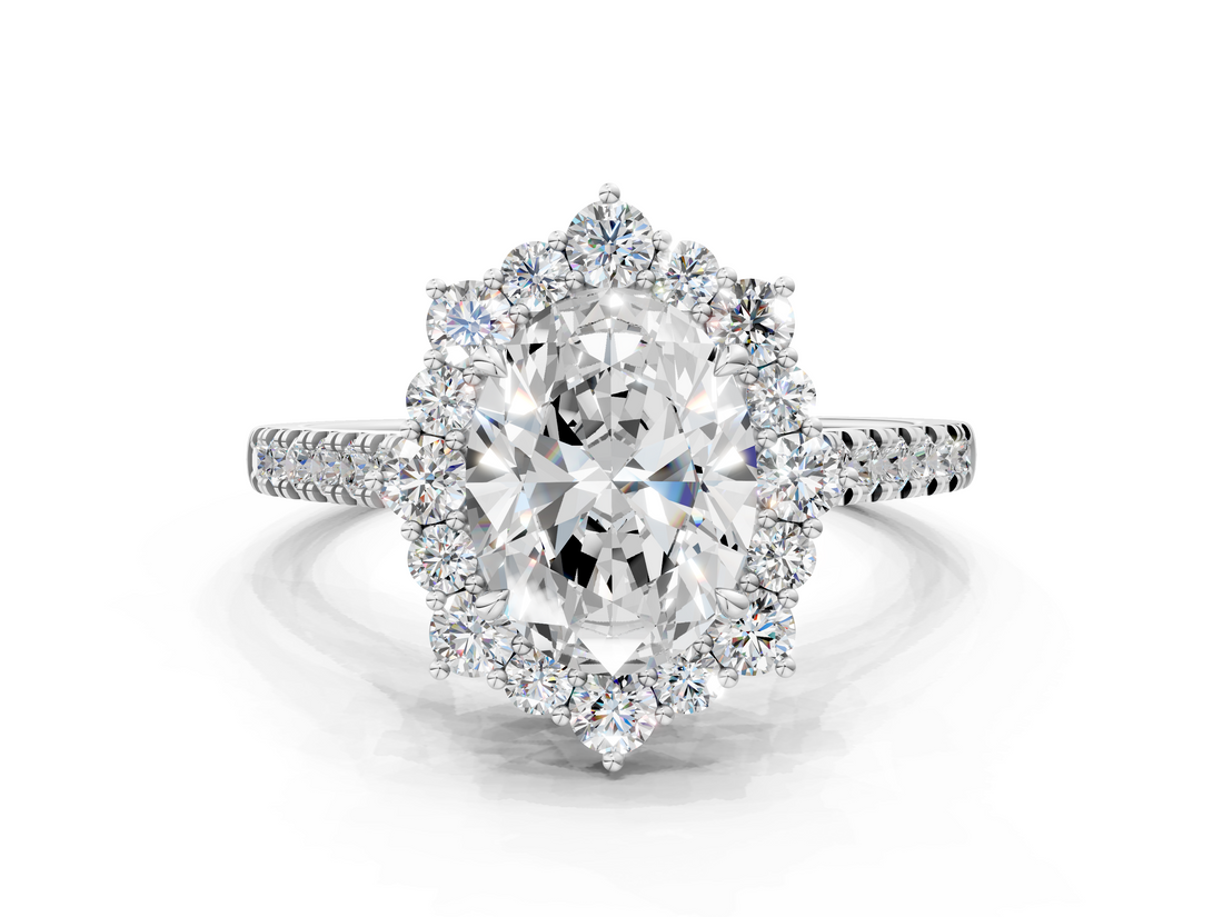 White gold Oval Halo Diamond Ring with Pavé Band and Prong Setting_78