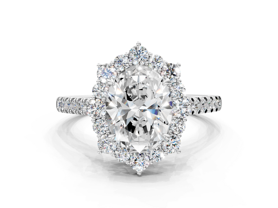 White gold Oval Halo Diamond Ring with Pavé Band and Prong Setting