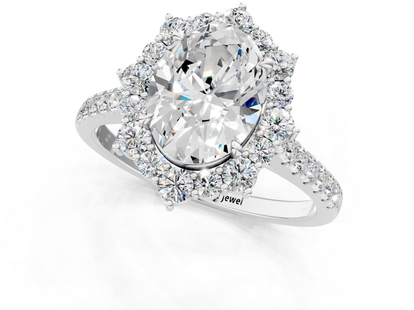 White gold Oval Halo Diamond Ring with Pavé Band and Prong Setting