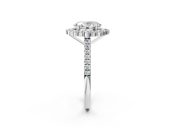 White gold Oval Halo Diamond Ring with Pavé Band and Prong Setting