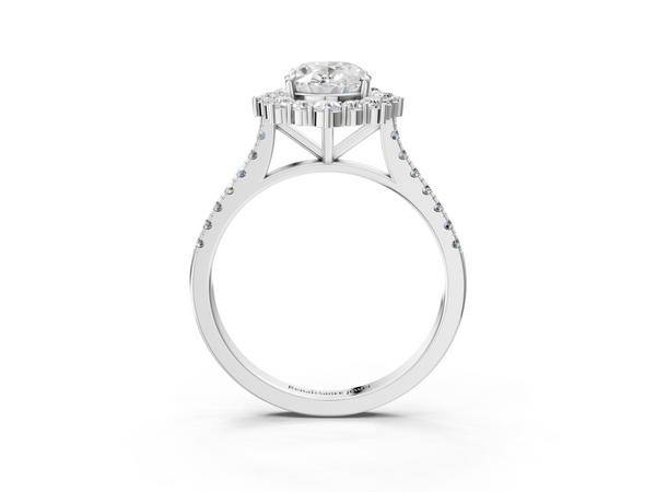 White gold Oval Halo Diamond Ring with Pavé Band and Prong Setting