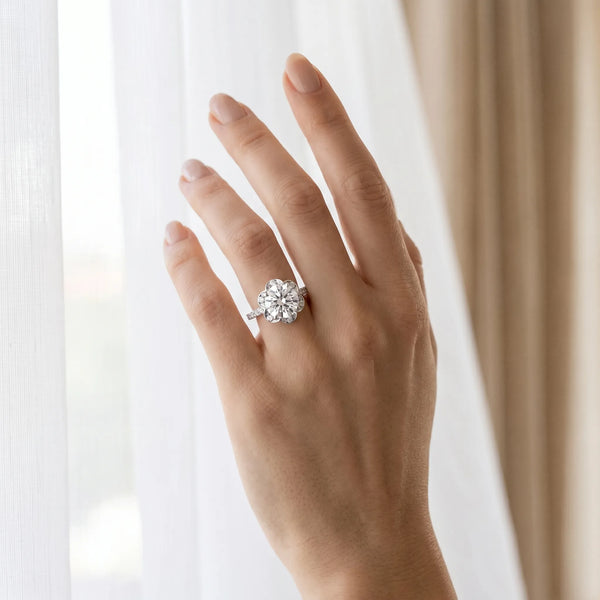 White gold Oval Halo Diamond Ring with Round Cluster Setting, Solitaire Band, and Four-Prong Setting