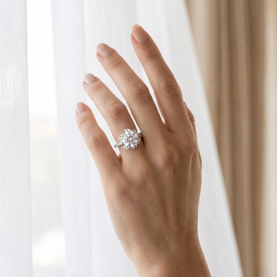 White gold Oval Halo Diamond Ring with Round Cluster Setting, Solitaire Band, and Four-Prong Setting
