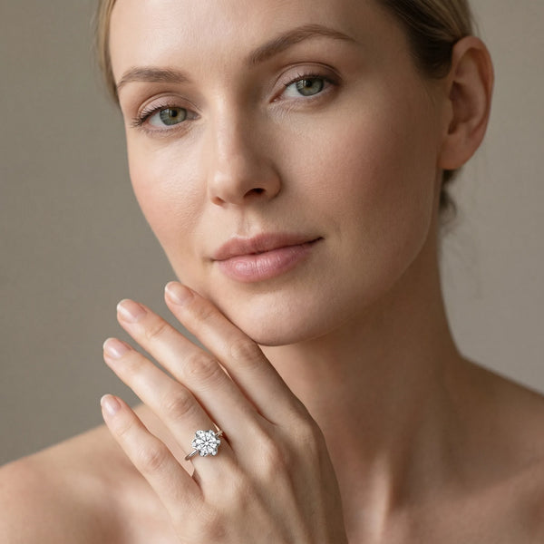 White gold Oval Halo Diamond Ring with Round Cluster Setting, Solitaire Band, and Four-Prong Setting