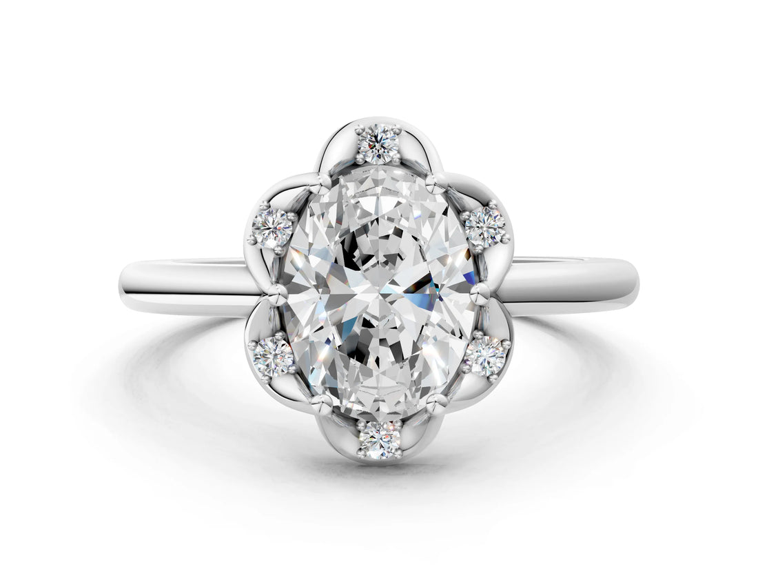 White gold Oval Halo Diamond Ring with Round Cluster Setting, Solitaire Band, and Four-Prong Setting_67