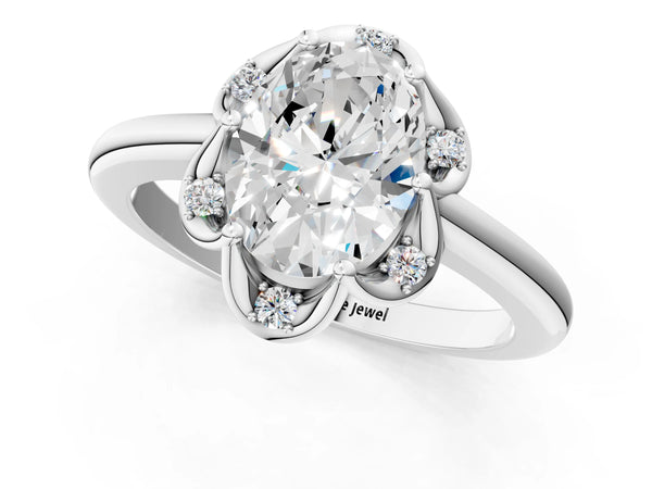 White gold Oval Halo Diamond Ring with Round Cluster Setting, Solitaire Band, and Four-Prong Setting
