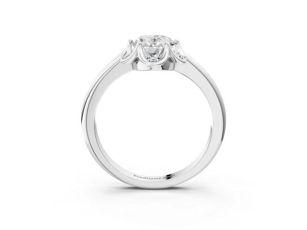 White gold Oval Halo Diamond Ring with Round Cluster Setting, Solitaire Band, and Four-Prong Setting