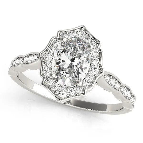 White gold Oval Halo Diamond Ring with Scalloped Band and Four-Prong Setting