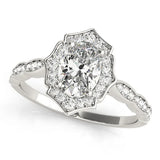 14K White Gold 1.85 Carat D VS2 Oval Halo Diamond Ring with Scalloped Band and Four-Prong Setting