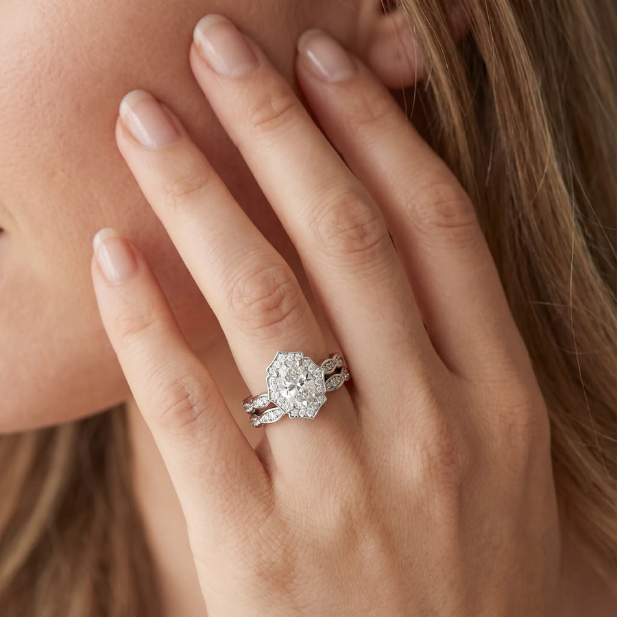 White gold Oval Halo Diamond Ring with Scalloped Band and Four-Prong Setting