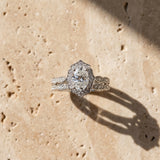 14K White Gold 1.85 Carat D VS2 Oval Halo Diamond Ring with Scalloped Band and Four-Prong Setting