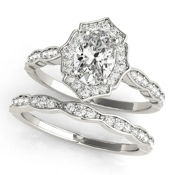 14K White Gold 1.85 Carat D VS2 Oval Halo Diamond Ring with Scalloped Band and Four-Prong Setting