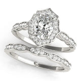 14K White Gold 1.85 Carat D VS2 Oval Halo Diamond Ring with Scalloped Band and Four-Prong Setting