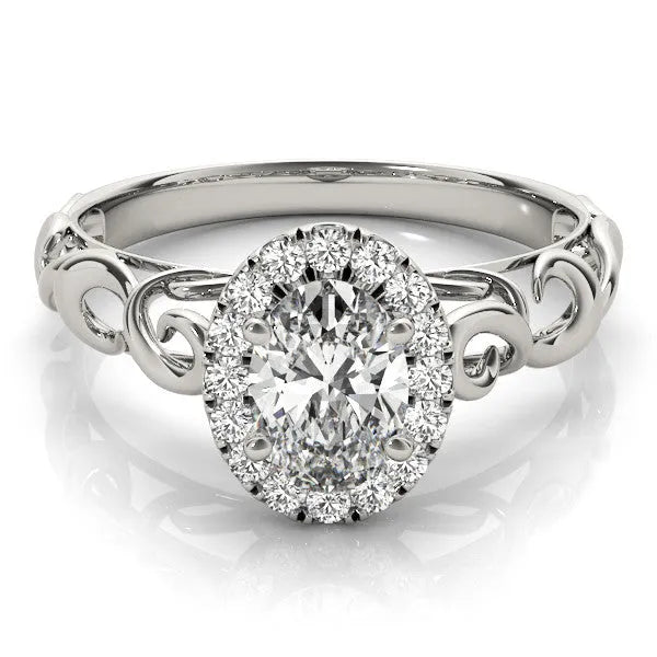 White gold Oval Halo Diamond Ring with Scrollwork Band and Four-Prong Setting