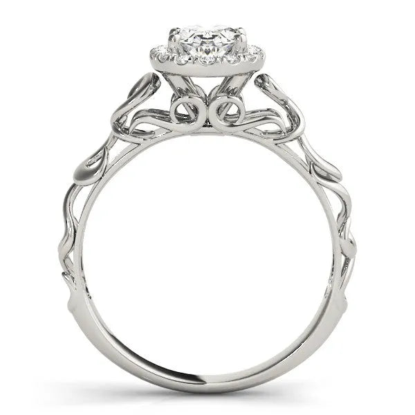 White gold Oval Halo Diamond Ring with Scrollwork Band and Four-Prong Setting